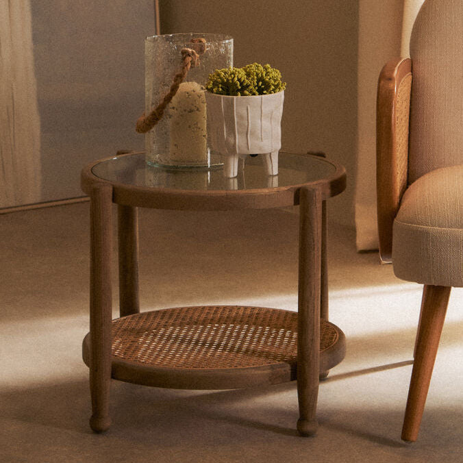 Grey Wash Elm Wood Side Table with Glass Top and Cane Shelf, Cebu - Miola