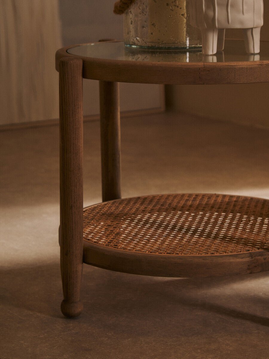 Grey Wash Elm Wood Side Table with Glass Top and Cane Shelf, Cebu - Miola