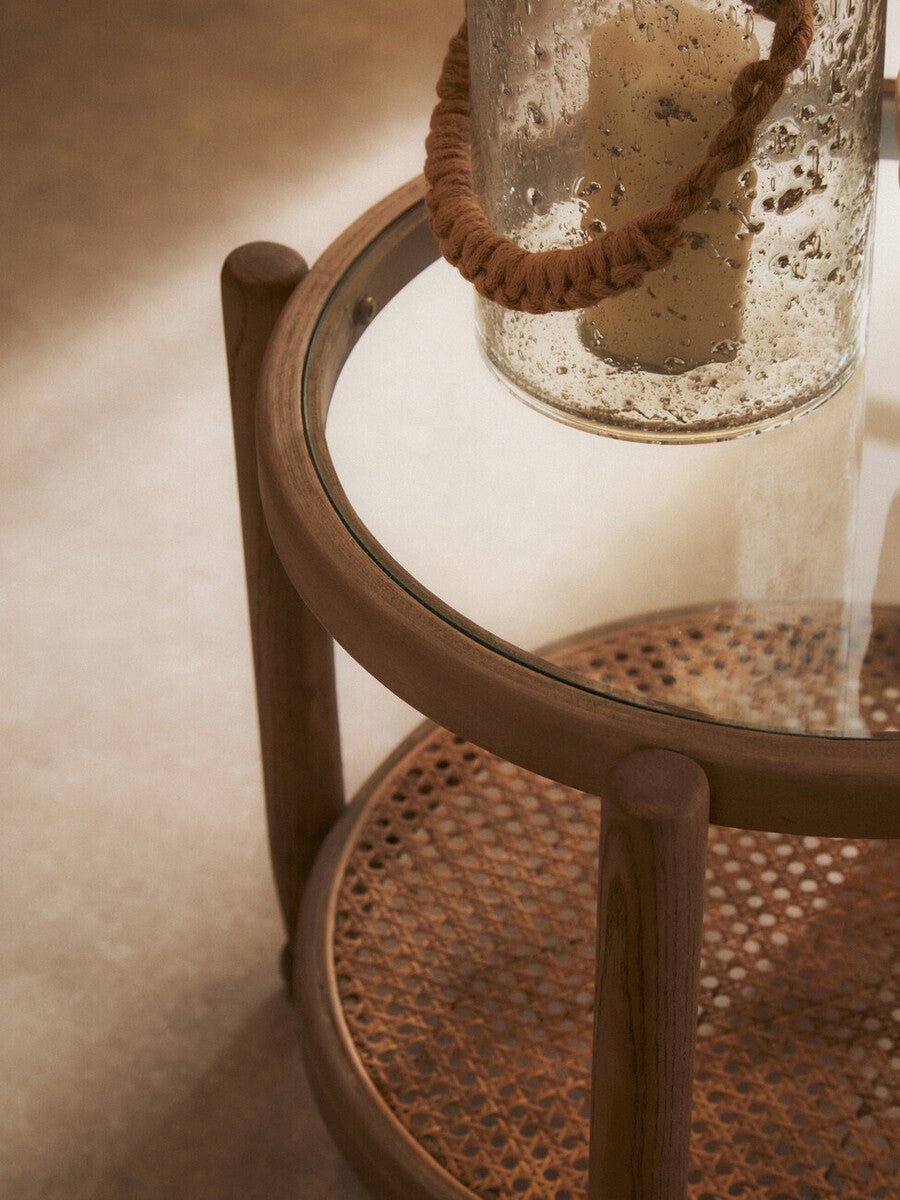 Grey Wash Elm Wood Side Table with Glass Top and Cane Shelf, Cebu - Miola