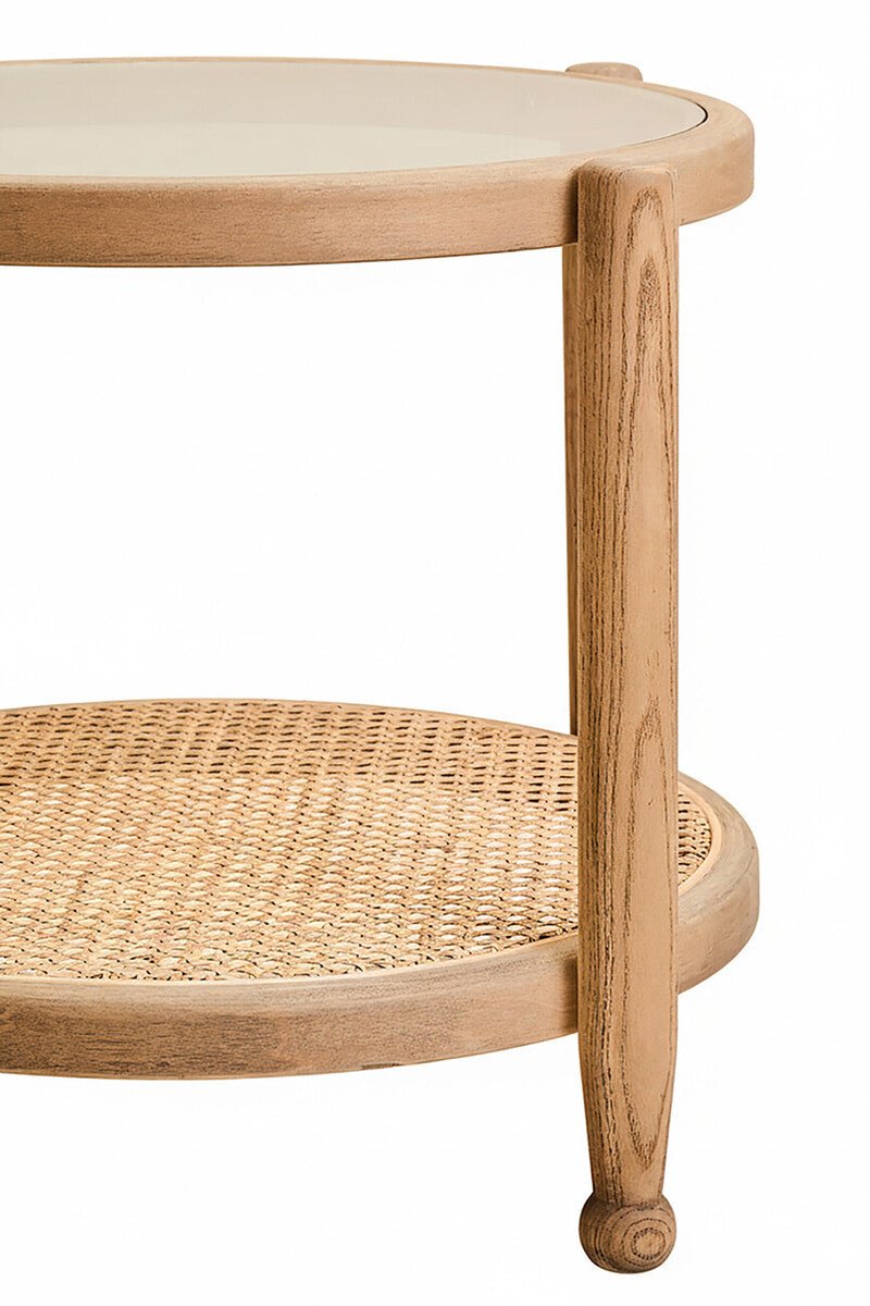 Grey Wash Elm Wood Side Table with Glass Top and Cane Shelf, Cebu - Miola