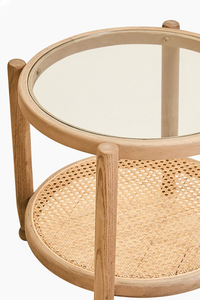 Grey Wash Elm Wood Side Table with Glass Top and Cane Shelf, Cebu - Miola