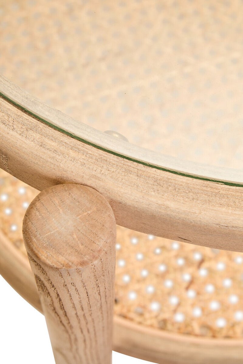 Grey Wash Elm Wood Side Table with Glass Top and Cane Shelf, Cebu - Miola
