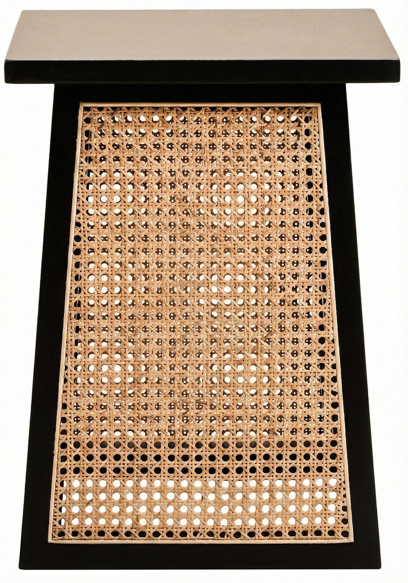 Black Elm Wood Side Table with Woven Natural Cane Panels, Cebu - Miola
