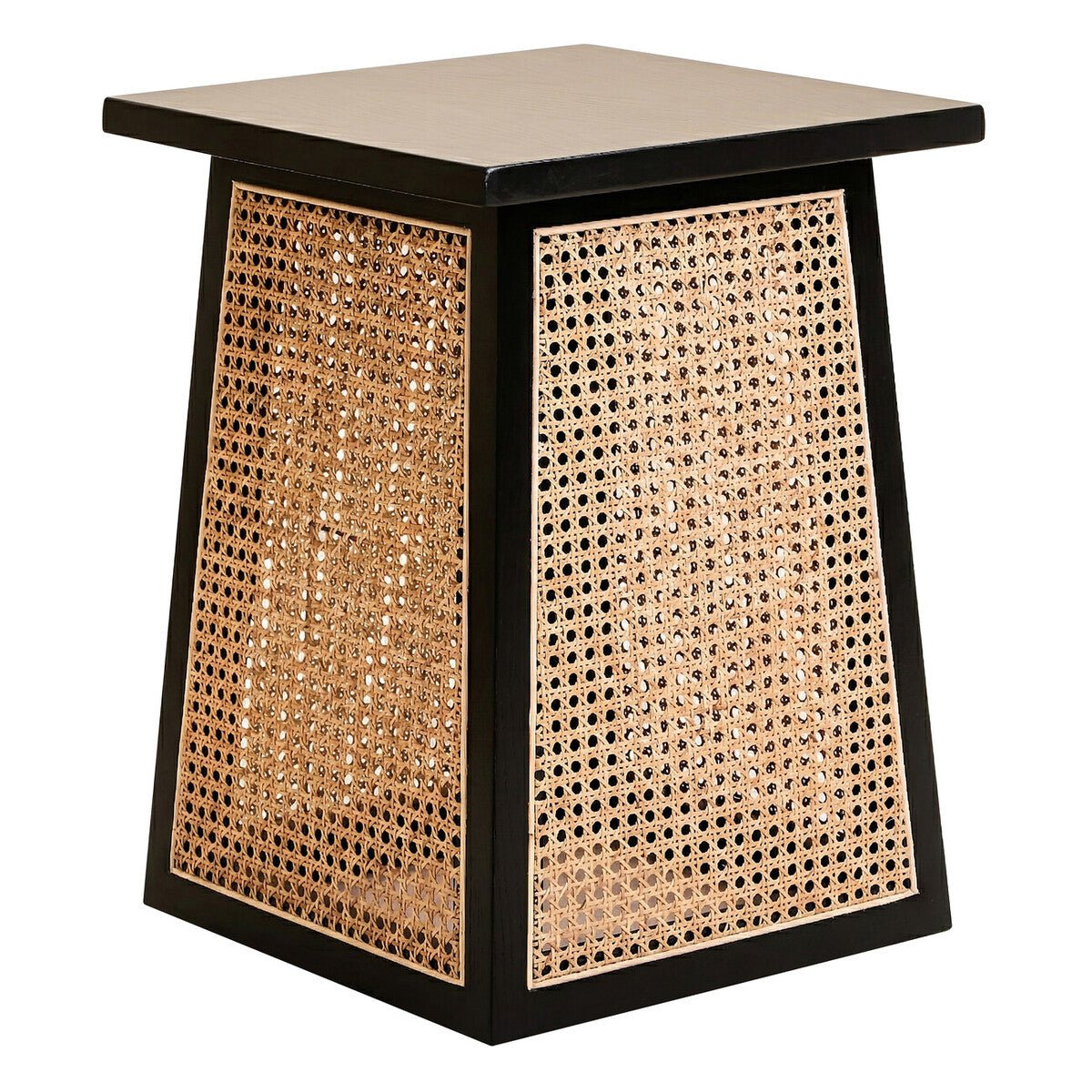 Black Elm Wood Side Table with Woven Natural Cane Panels, Cebu - Miola