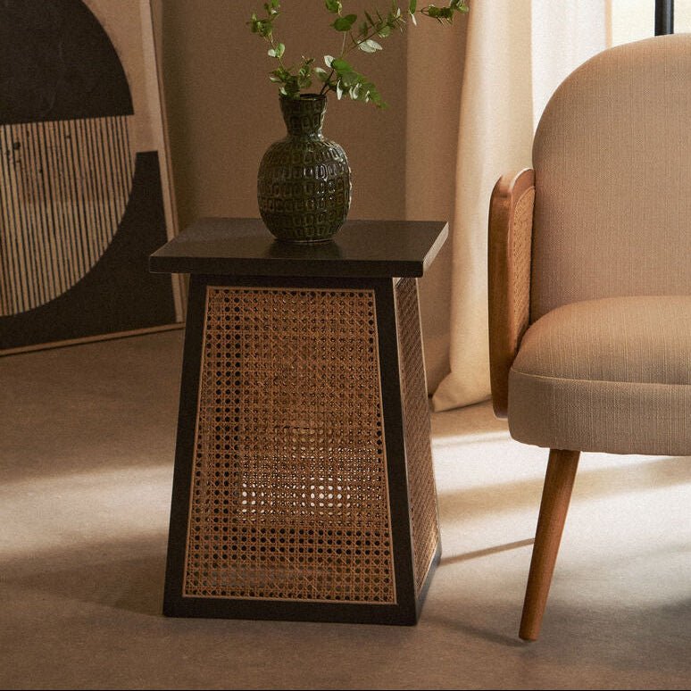 Black Elm Wood Side Table with Woven Natural Cane Panels, Cebu - Miola