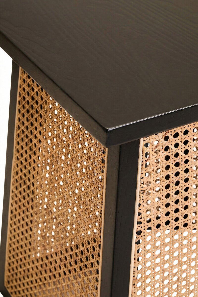 Black Elm Wood Side Table with Woven Natural Cane Panels, Cebu - Miola