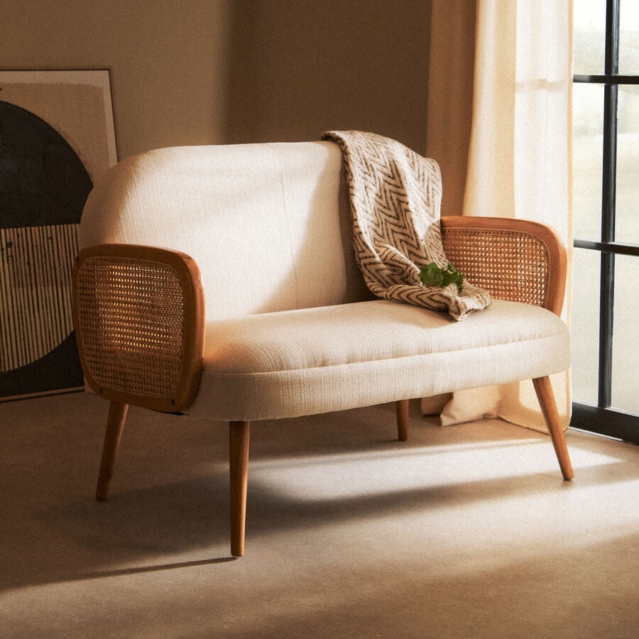 2 Seater Ivory Fabric and Cane Sofa with Elm Wood Legs, Cebu