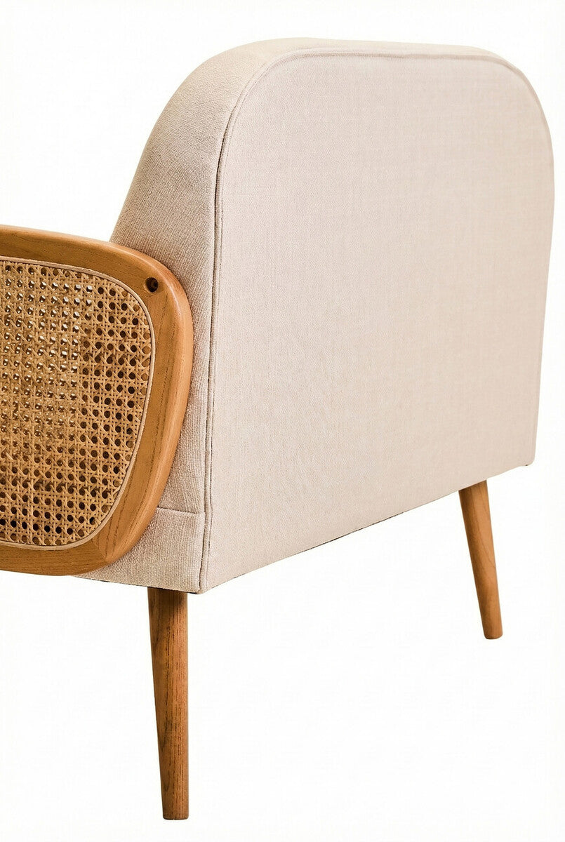 2 Seater Ivory Fabric and Cane Sofa with Elm Wood Legs, Cebu