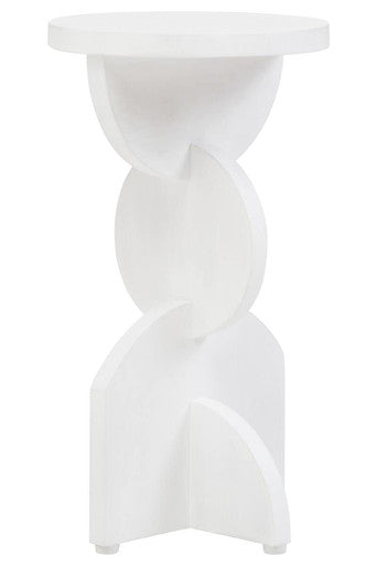 White Finish Mango Wood Abstract Side Table with Sculpted Geometric Base, Walsa