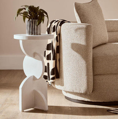 White Finish Mango Wood Abstract Side Table with Sculpted Geometric Base, Walsa