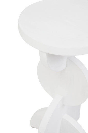 White Finish Mango Wood Abstract Side Table with Sculpted Geometric Base, Walsa