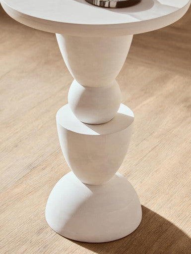 Whitewash Mango Wood Round Top Side Table with Sculptural Pedestal Base, Walsa