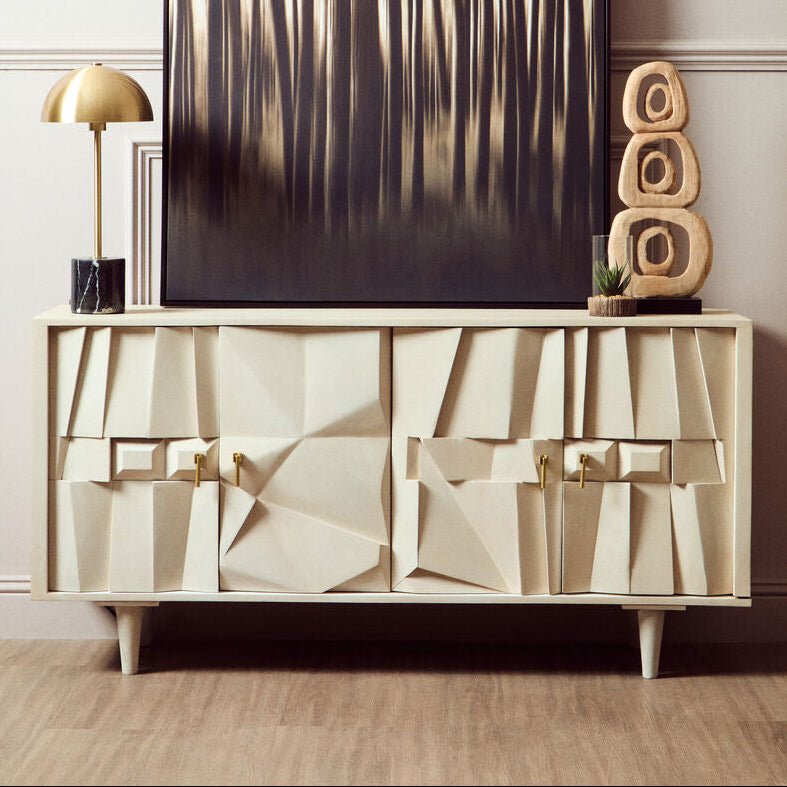 Sita Four Door Whitewash Mango Wood Abstract Sideboard - Miola