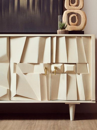 Sita Four Door Whitewash Mango Wood Abstract Sideboard - Miola
