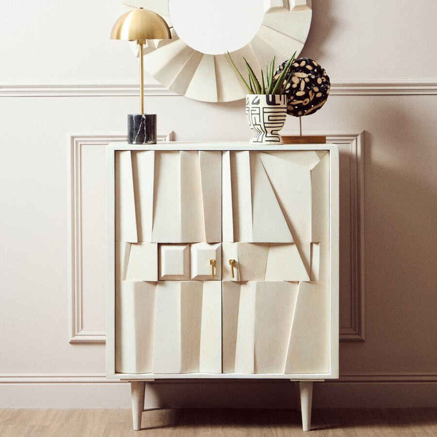 Sita Two Door Whitewash Mango Wood Abstract Cabinet - Miola