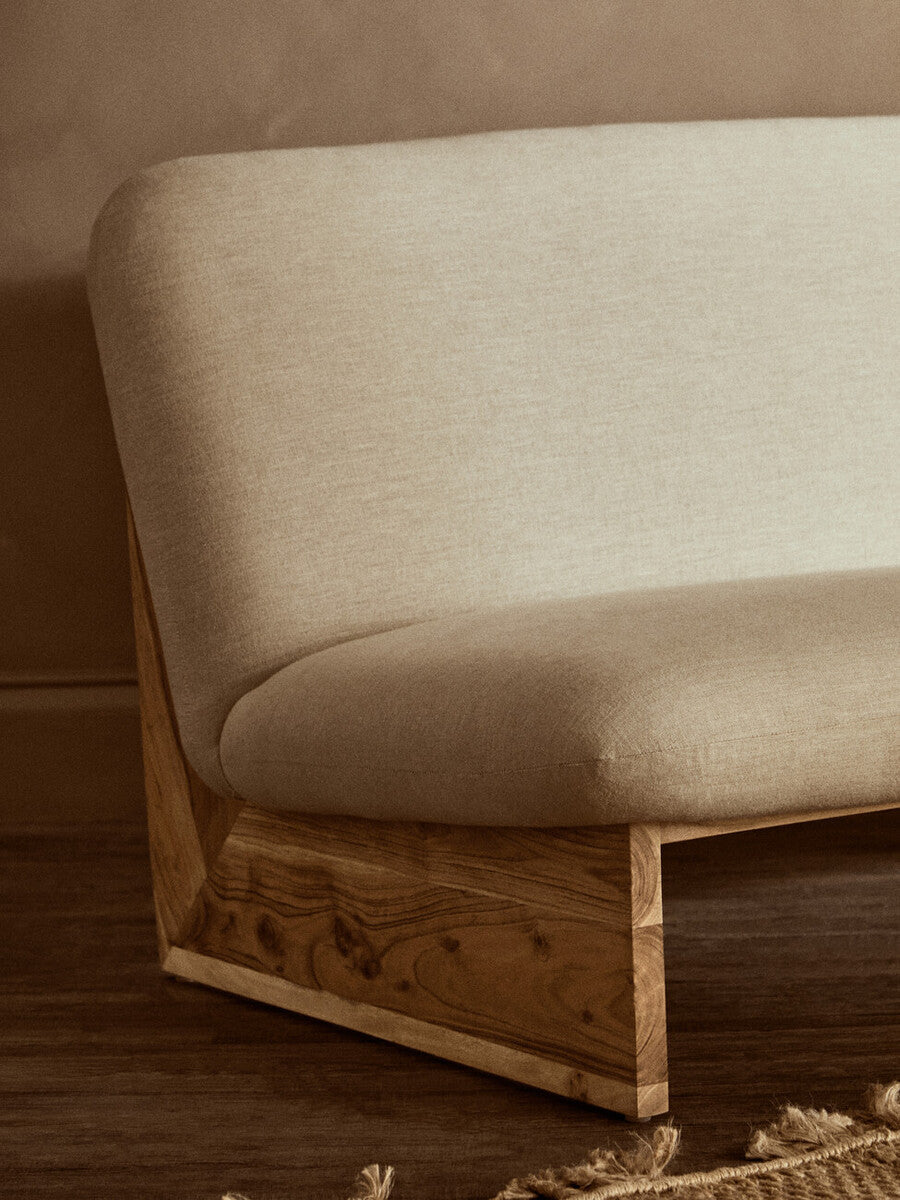 2 Seater Armless Cream Textured Linen Sofa with Wood Base, Parova