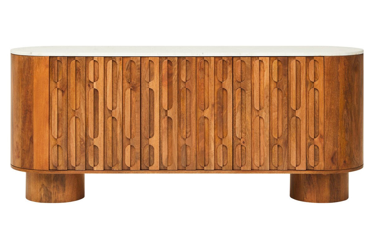 Torcino Mango Wood Carved Design Marble Top Three Door Sideboard - Miola