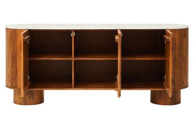 Torcino Mango Wood Carved Design Marble Top Three Door Sideboard - Miola