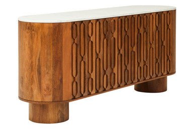 Torcino Mango Wood Carved Design Marble Top Three Door Sideboard - Miola