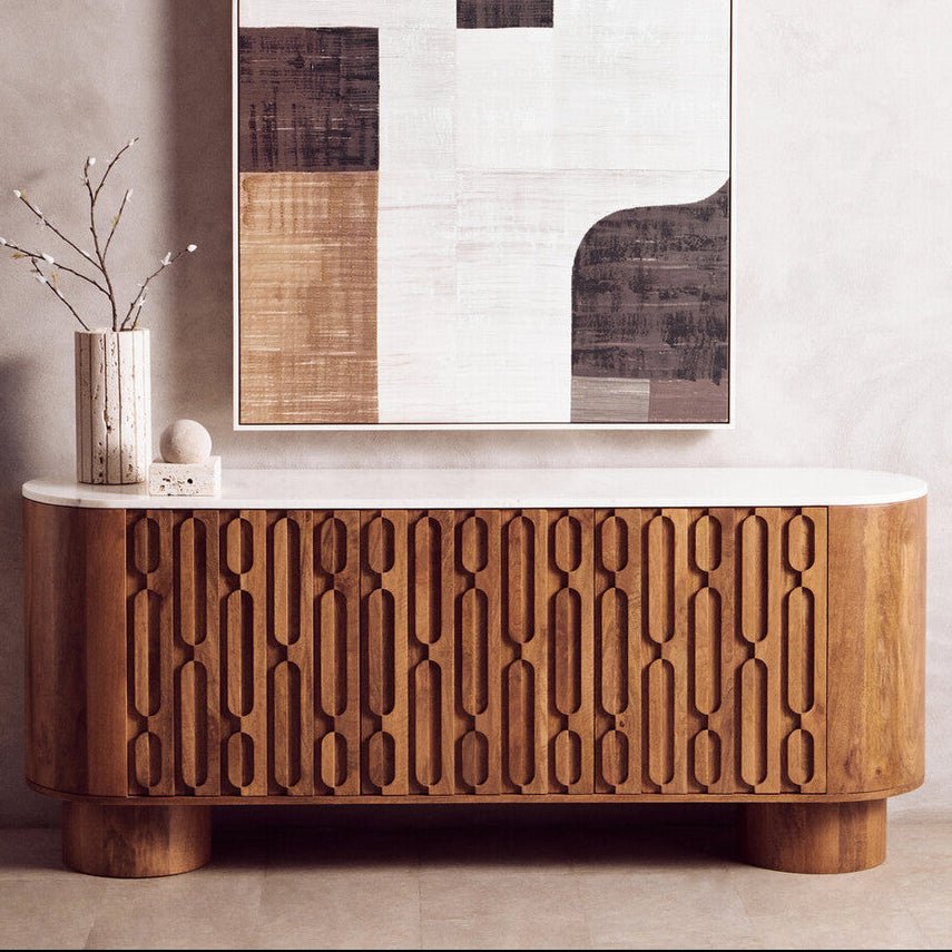 Torcino Mango Wood Carved Design Marble Top Three Door Sideboard - Miola