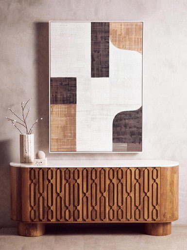 Torcino Mango Wood Carved Design Marble Top Three Door Sideboard - Miola