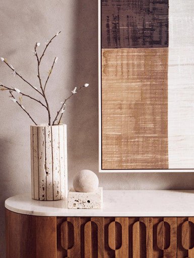 Torcino Mango Wood Carved Design Marble Top Three Door Sideboard - Miola