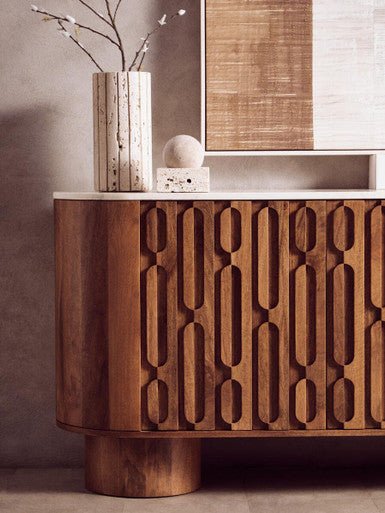 Torcino Mango Wood Carved Design Marble Top Three Door Sideboard - Miola