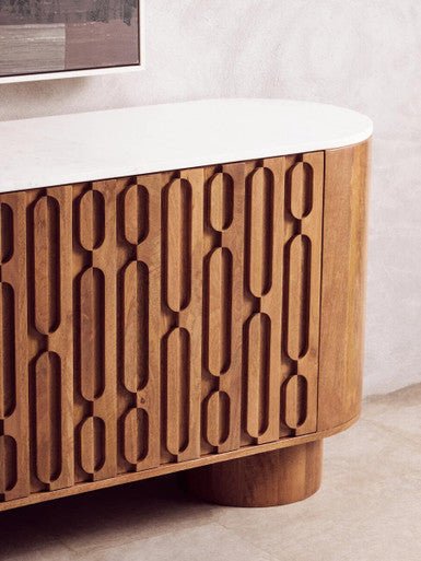 Torcino Mango Wood Carved Design Marble Top Three Door Sideboard - Miola