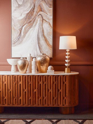 Torcino Mango Wood Carved Design Marble Top Three Door Sideboard - Miola