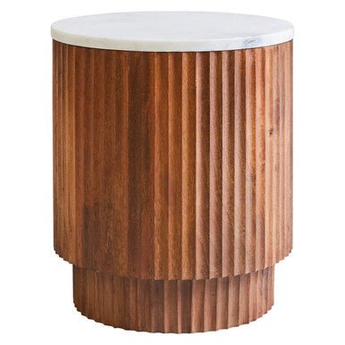 Brown Mango Wood Carved Side Table with White Marble Top, Torcino - Miola