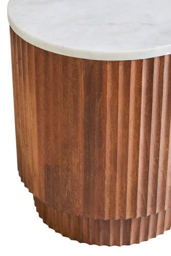 Brown Mango Wood Carved Side Table with White Marble Top, Torcino - Miola