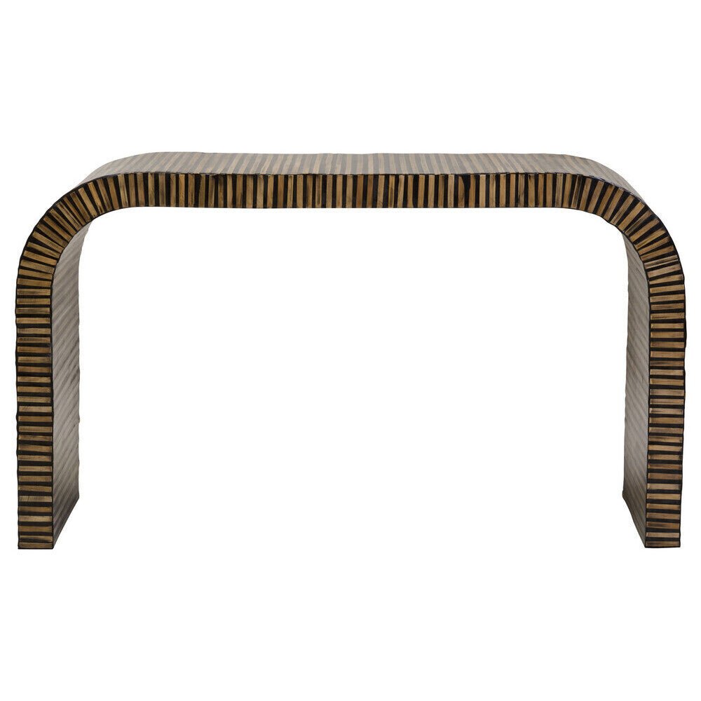 Natural Bamboo Inlay Curved Console Table with Sculptural Striped Design, Bambusa - Miola