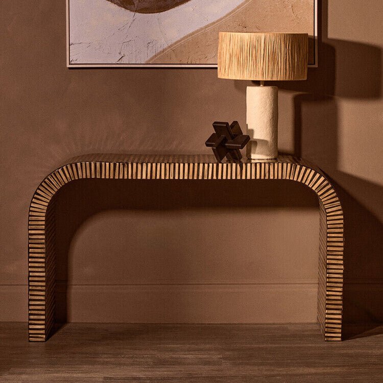 Natural Bamboo Inlay Curved Console Table with Sculptural Striped Design, Bambusa - Miola