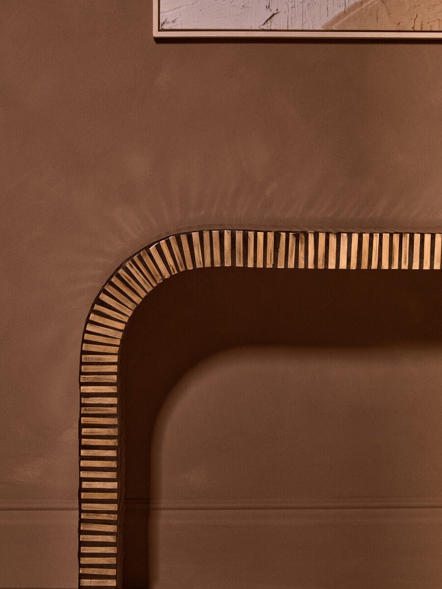 Natural Bamboo Inlay Curved Console Table with Sculptural Striped Design, Bambusa - Miola