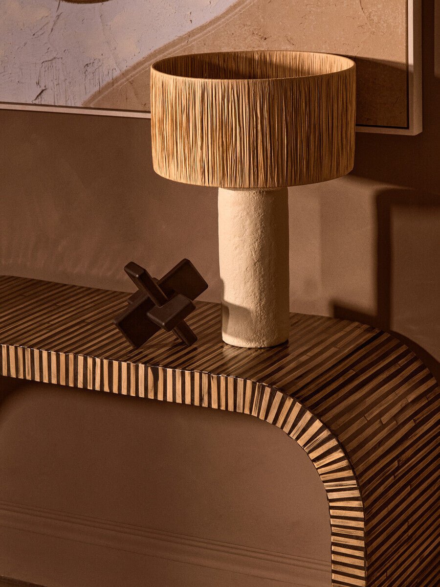 Natural Bamboo Inlay Curved Console Table with Sculptural Striped Design, Bambusa - Miola