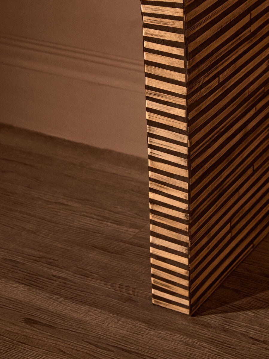 Natural Bamboo Inlay Curved Console Table with Sculptural Striped Design, Bambusa - Miola