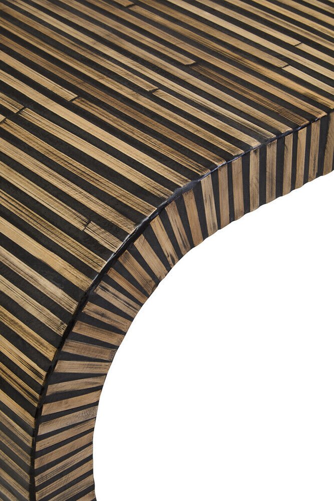 Natural Bamboo Inlay Curved Console Table with Sculptural Striped Design, Bambusa - Miola