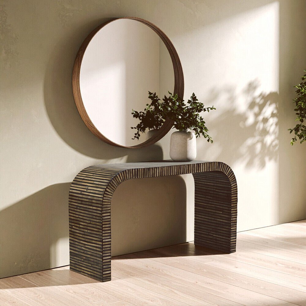 Natural Bamboo Inlay Curved Console Table with Sculptural Striped Design, Bambusa - Miola
