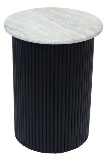 Cream Travertine Top Side Table with Ridged Black Acacia Wood Cylindrical Base, Walton - Miola