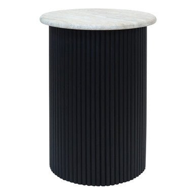 Cream Travertine Top Side Table with Ridged Black Acacia Wood Cylindrical Base, Walton - Miola