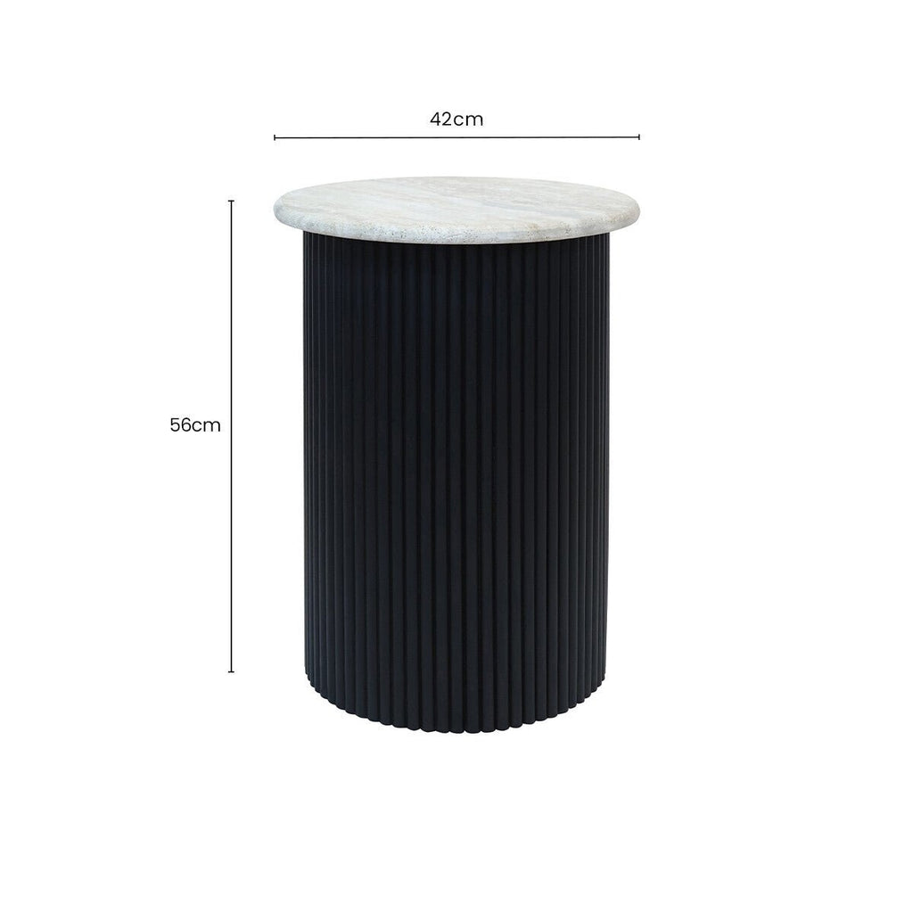 Cream Travertine Top Side Table with Ridged Black Acacia Wood Cylindrical Base, Walton - Miola