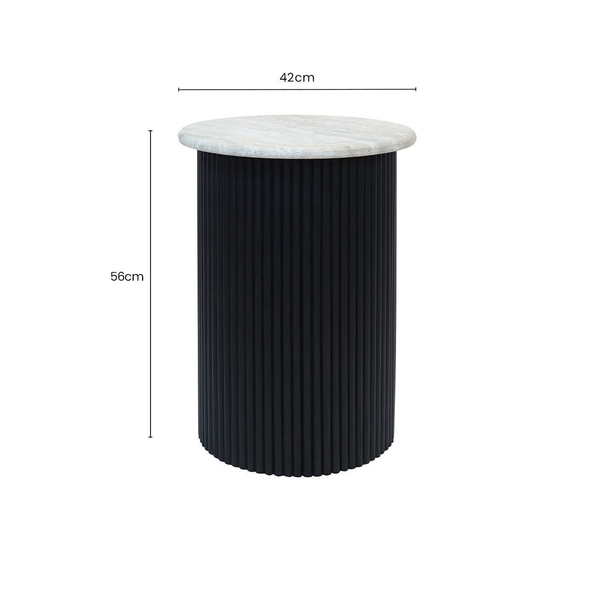 Cream Travertine Top Side Table with Ridged Black Acacia Wood Cylindrical Base, Walton - Miola