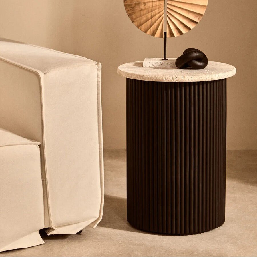 Cream Travertine Top Side Table with Ridged Black Acacia Wood Cylindrical Base, Walton - Miola