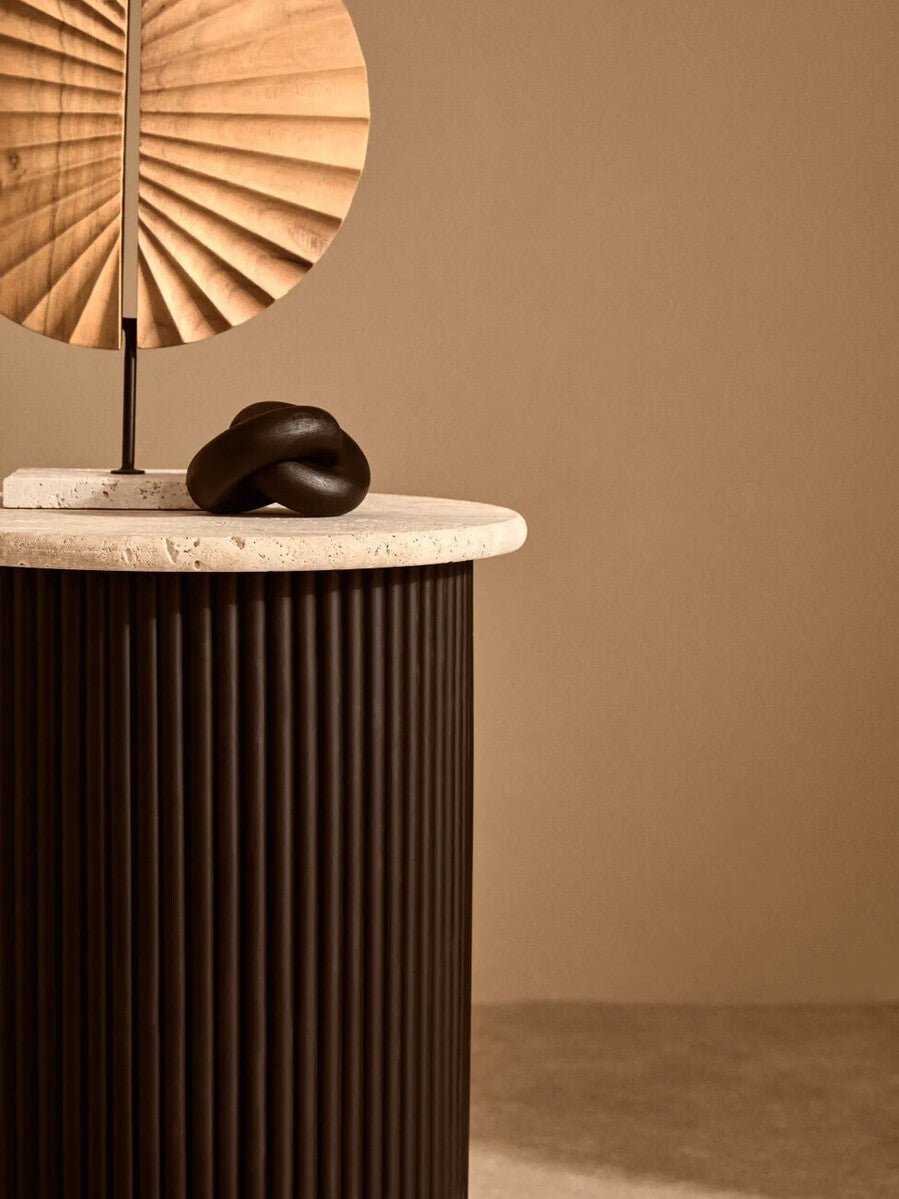 Cream Travertine Top Side Table with Ridged Black Acacia Wood Cylindrical Base, Walton - Miola