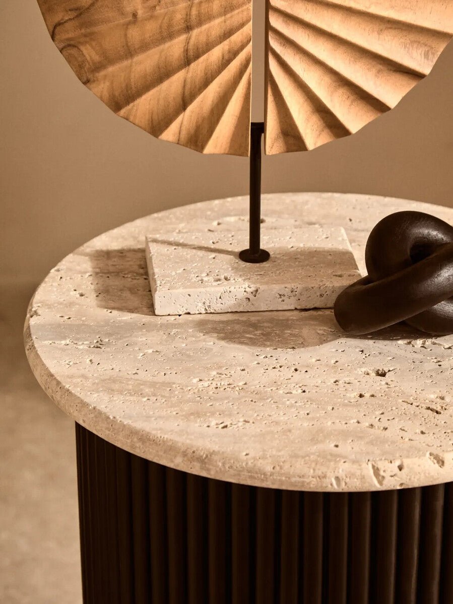 Cream Travertine Top Side Table with Ridged Black Acacia Wood Cylindrical Base, Walton - Miola