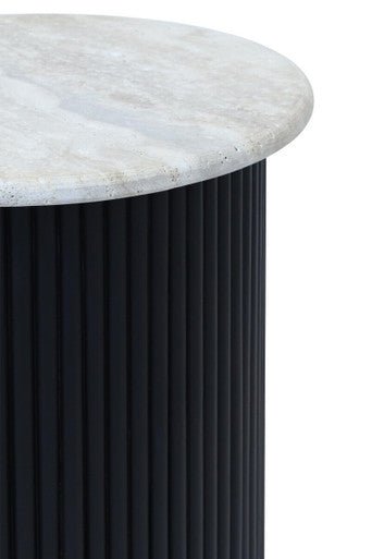 Cream Travertine Top Side Table with Ridged Black Acacia Wood Cylindrical Base, Walton - Miola