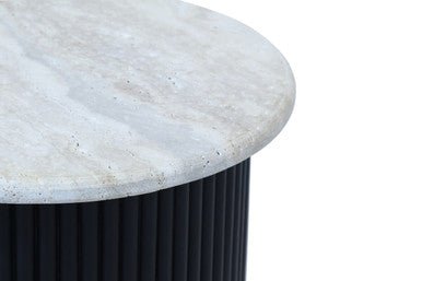 Cream Travertine Top Side Table with Ridged Black Acacia Wood Cylindrical Base, Walton - Miola