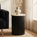 Cream Travertine Top Side Table with Ridged Black Acacia Wood Cylindrical Base, Walton - Miola