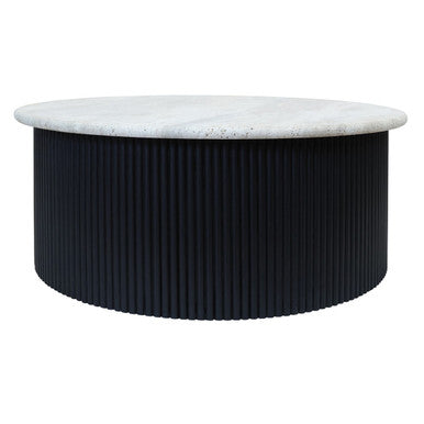 Cream Polished Travertine Top Coffee Table with Ridged Black Acacia Wood Drum Base, Walton
