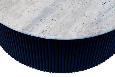Cream Polished Travertine Top Coffee Table with Ridged Black Acacia Wood Drum Base, Walton